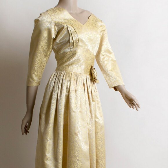 Vintage 1950s Gold Satin Squiggle Rose Cocktail Party Dress Holiday Golden 50s S - Picture 7 of 10